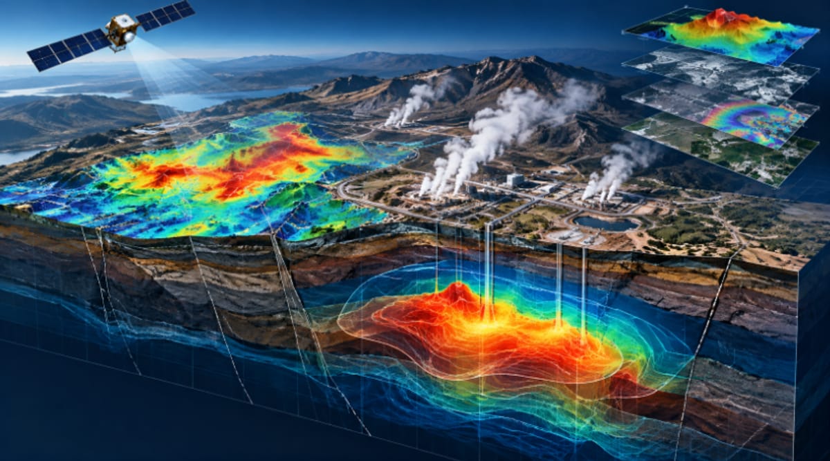 A satellite above a geothermal field with steaming power plants, a colour-coded thermal anomaly map draped over the terrain, stacked data layers, and a 3D cutaway of faulted rock layers above a subsurface heat source