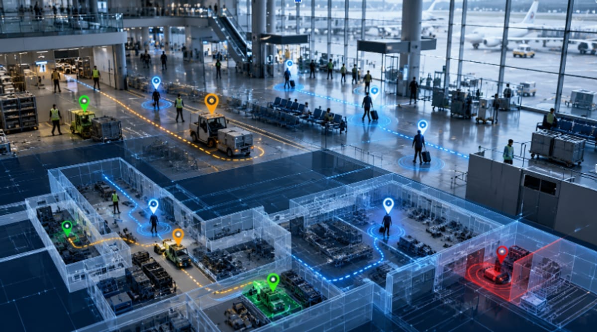 Airport terminal with location pins over tracked staff, passengers and service vehicles, above a transparent floor plan of monitored and geofenced zones