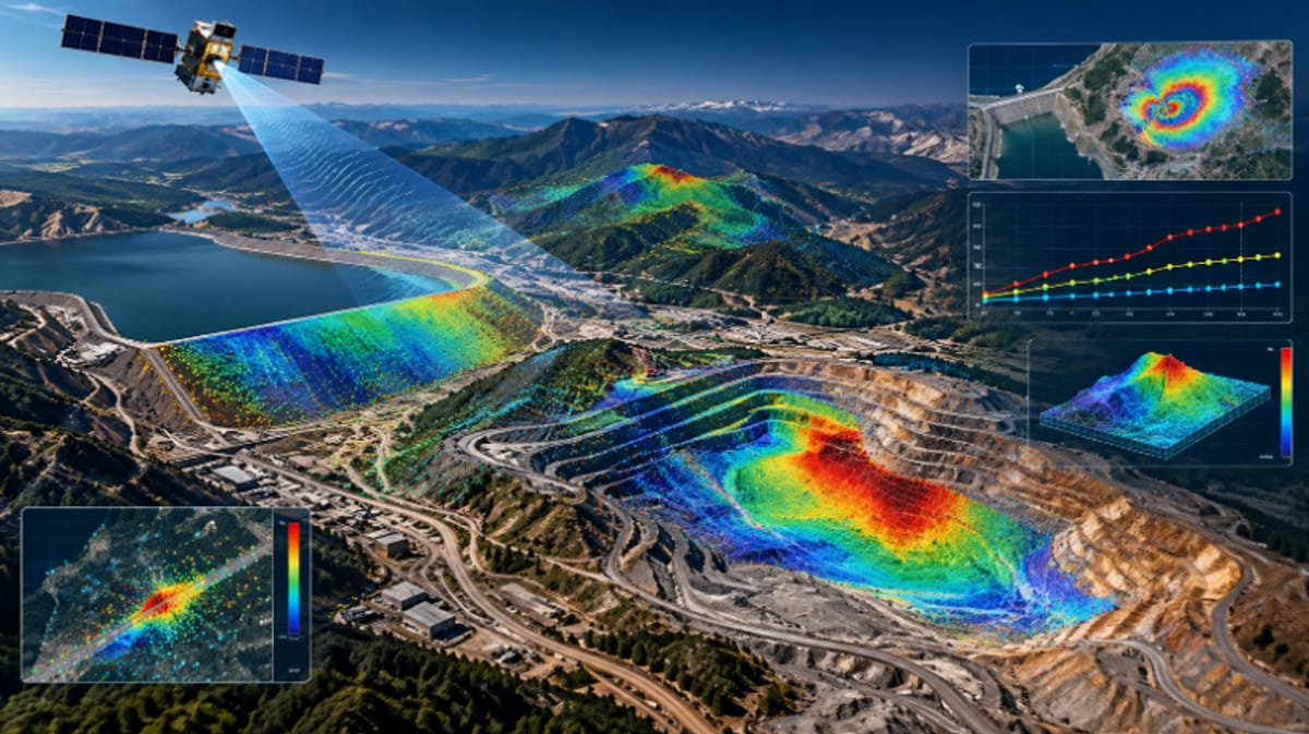 A radar satellite over an open-pit mine, reservoir and dam, with colour-coded ground displacement overlaid on the terrain beside a deformation time-series chart and a 3D displacement surface