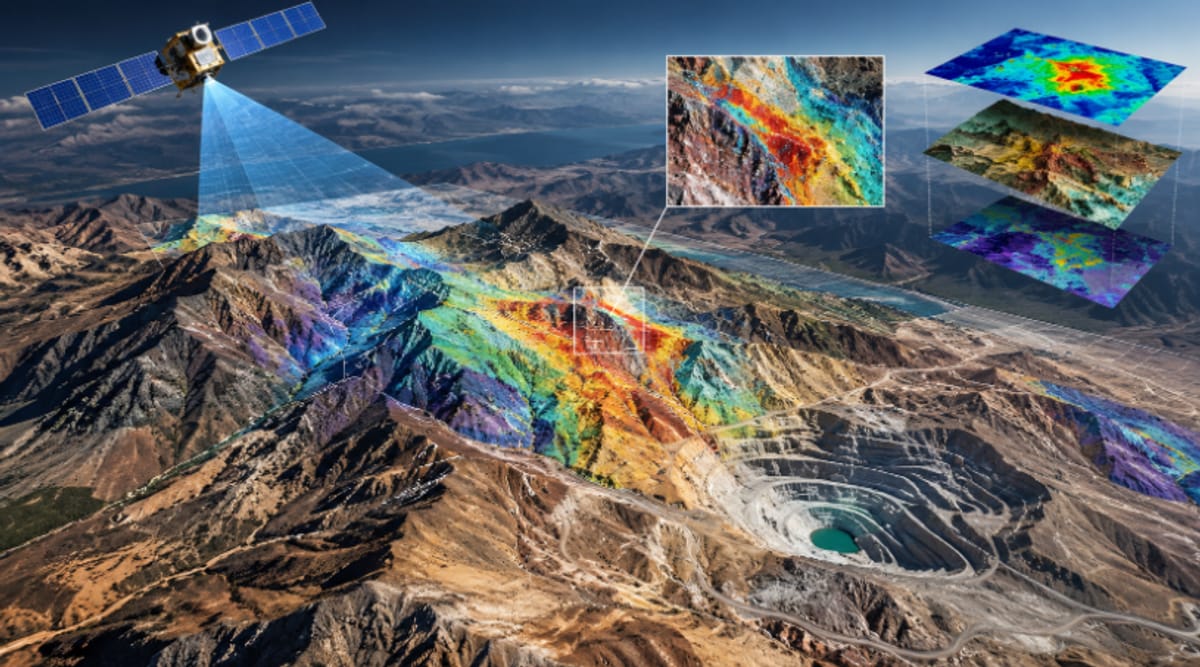 A satellite scanning a mountain range above an open-pit mine, with colour-coded spectral mineral mapping draped over the terrain, a close-up of an alteration zone and stacked spectral data layers