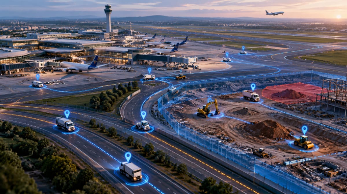 Aerial view of an airport, highway and construction site with location pins over tracked trucks, service vehicles and earthmoving equipment, and a geofenced work zone