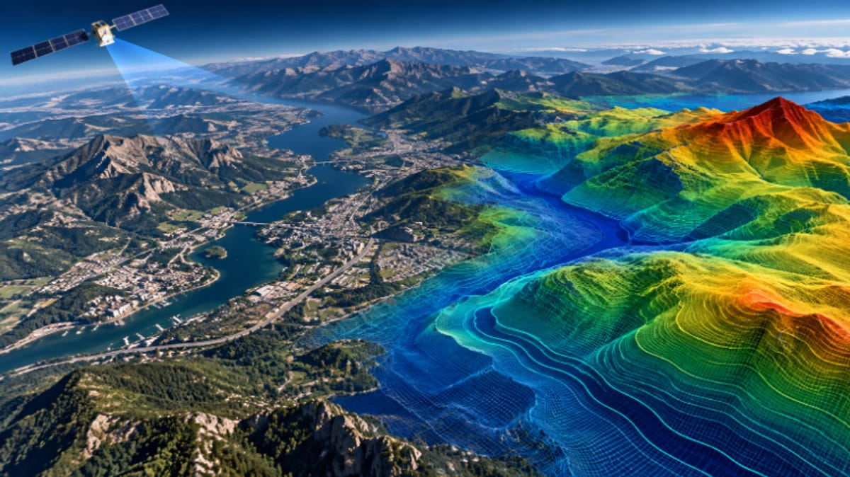 A satellite imaging a mountain valley, with the terrain on one side shown as a colour-graded elevation model with contour lines